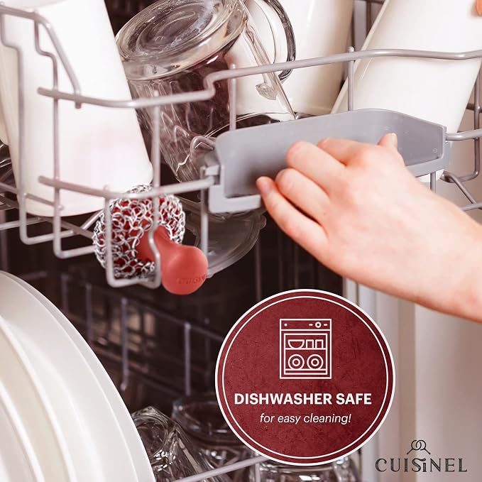 Cuisinel Cast Iron Chainmail Scrubber + Pan Scraper - The Patented Original Ergonomic Stainless & Silicone Pot & Skillet Cleaner - Premium Food-Safe Design - Easy Clean Dishwasher Safe Cookware Sponge