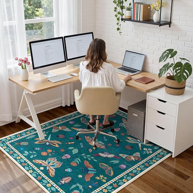 Anidaroel 48"x60" Office Chair Mat for Hardwood Floor/Tile, Anti-Slip Desk Rug for Offices, Insect Print Dark Green Office Rugs for Rolling Chairs, Low Plie Gaming Chair Mat for Hardwood