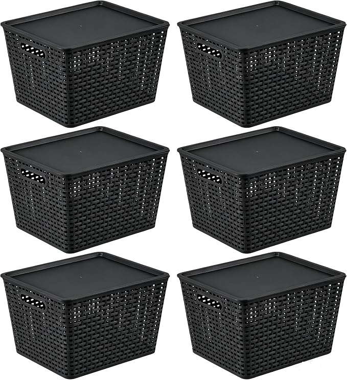 6 Pack Large Plastic Storage Baskets Bins with Lid, Black | Stackable Storage Basket Organizer Bins with Lids for Organizing Shelves Pantry Closet, 14"x 11.65"x 8.66"