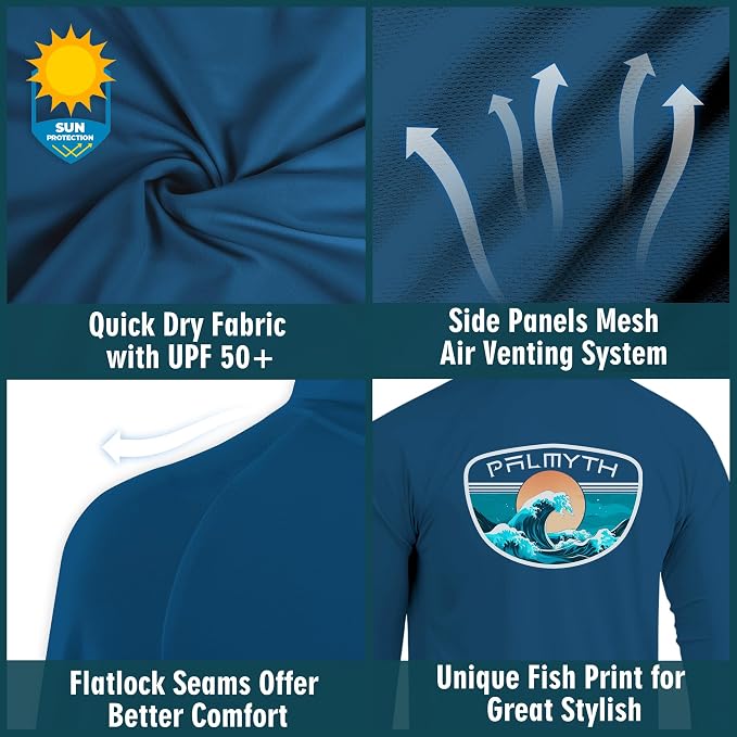 Palmyth Men's Fishing Hoodie UPF 50+ Long Sleeve with Face Mask Neck Gaiter | Zipper Pocket, Thumb Loops, Quick-Dry, Side Mesh Panels, Lens Cleaning Cloth