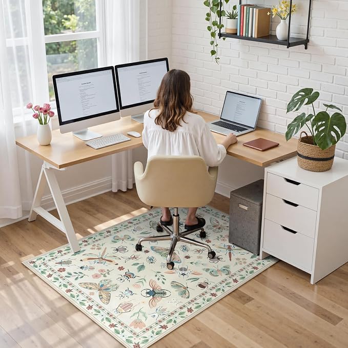 Anidaroel 36"x48" Home Office Chair Mat for Hardwood Floor, Beige Under Desk Rug for Rolling Chairs, Anti-Slip Insect Print Desk Floor Mat for Offices Chair, Low Pile Office Rugs for Rolling Chairs