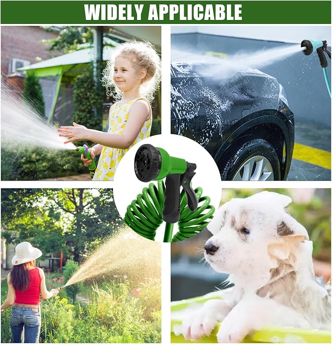 50ft Garden Hose, EVA Curly Water Retractable | Brass Connectors, 8-Pattern Function Sprayer, Corrosion Resistant Coil, For Gardening Homeowners