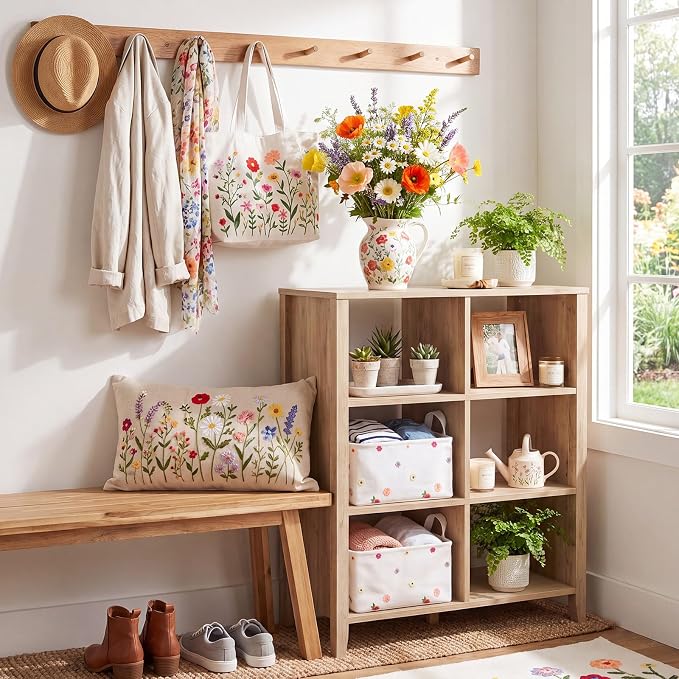 2pcs Embroidered Floral Storage Basket 14x10'' Back to School Gift | White Wildflower, Foldable, Lace Mesh, Storage Bin with Handle, Closet Organizer, Shelves, Classroom, Home Decor, Laundry Car