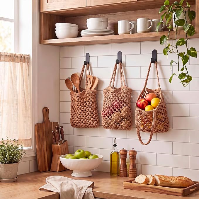 3 Hanging Baskets,Dark Brown,Mesh,Cotton Rope | Wicker Wall Baskets with Hooks for Fruit Vegetable Onion Storage, Teardrop Organizer for Kitchen, Boho Farmhouse Decor