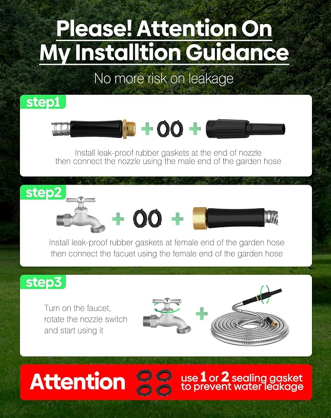 Non-Expandable Metal Garden Hose 30 Feet with Sprayer Nozzle, Flexible, No Kinking, Lightweight & Heavy Duty Water Pipe, Stainless Steel Outdoor Water Hose for Yard 30 ft, Male to Female Connector