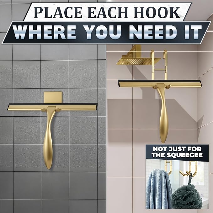 Stainless Steel Shower Squeegee, Glass, Silicone, 10 Inch (Gold) | Shower Door Squeegee with Silicone Blade, Adhesive & Hanging Hooks for Mirror, Tile, Window, Car, Multi-Surface Everyday Use