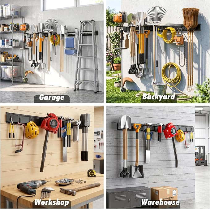 Housolution Garage Wall Organizer 64 Inch - 18Pack Carries 570 lbs | Garage Tool Organizer Storage System, 4 Rails with 12 Adjustable Hooks, Garden Tool Organizer for Warehouse, Workshop