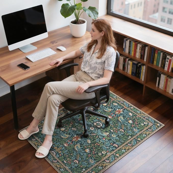 Anidaroel 36"x48" Office Chair Mat for Hardwood Floor/Tile Floor, Vintage Desk Rug for Office, Anti-Slip Office Rugs for Rolling Chairs, Low Pile Offices Chair Rug,Navy Blue Floral Bird