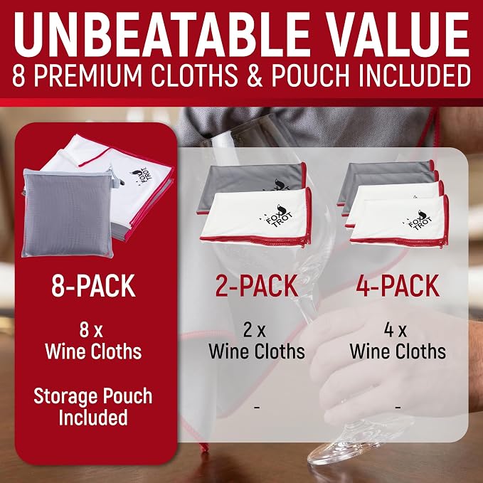 Fox Trot Wine Glass Polishing Cloths, 8 Pack, Storage Pouch Included | Microfiber, Streak free, 23 x 20 in, for stemware, crystal and glassware