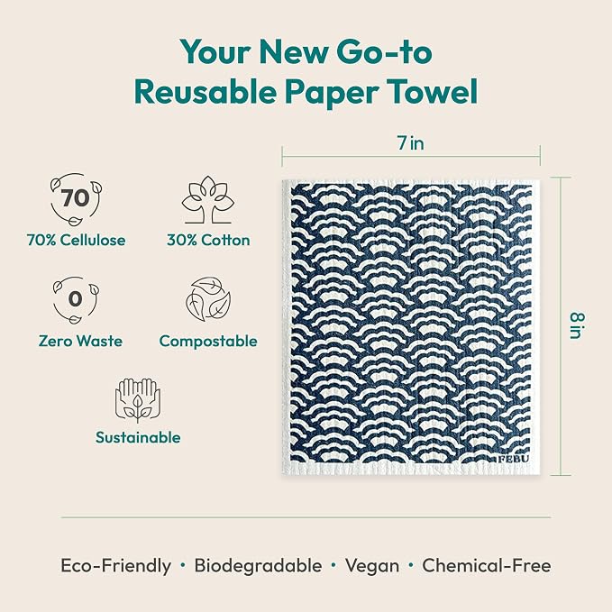 FEBU Swedish Dishcloths for Kitchen, 5 Pack, Stamps | Reusable Paper Towels Washable, Non-Scratch Cellulose Sponge Cloths, No Odor, Biodegradable