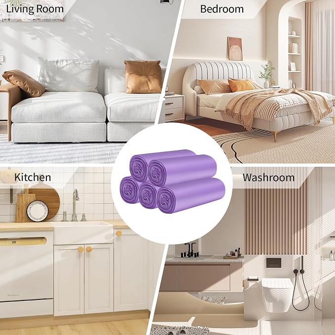5 Rolls Small Trash Bags - 100 Counts 4 Gallon Small Garbage Bags (Purple) | Durable for home office kitchen Bathroom Bedroom Trash Can liners