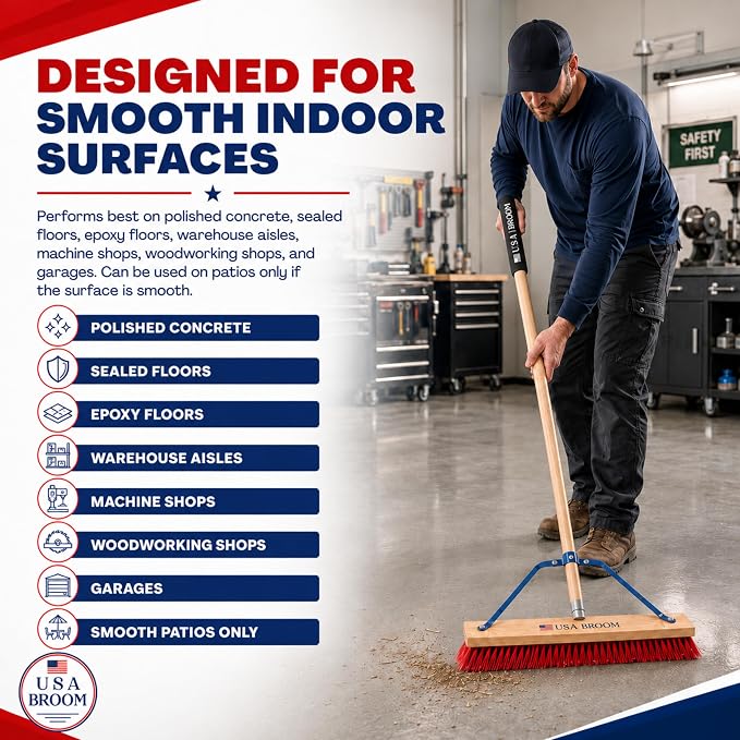 4-Pack - 24" Soft Sweep Indoor Push Broom with 60" Handle. Ideal for Epoxy & Polished Floors. Durable American Made Steel Brackets-Stainless Steel Hardware. No Plastic. 100% USA Made
