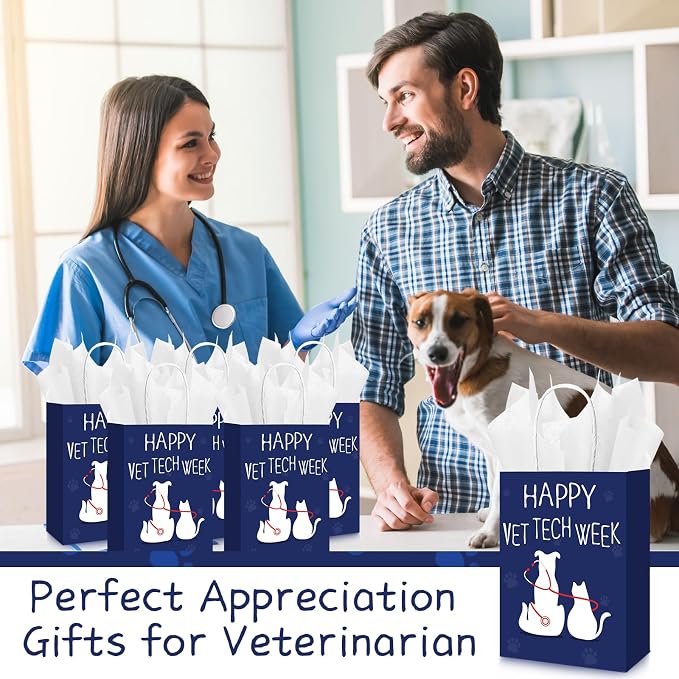 TaoBary 12 Sets Vet Tech Week Gift Veterinary Technician Paper Gift Bag | with Tissue Paper, Veterinarian Treat Bags with Handles, Vet Tech Appreciation Accessories for Assistant Pet Lover
