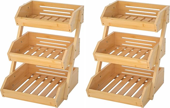 G.a HOMEFAVOR Bamboo Fruit Basket, Fruit Organizer for Kitchen Counter, Vegetable Storage Stand, 15 mm Thickness (Self-assembly) (Pack of 2)