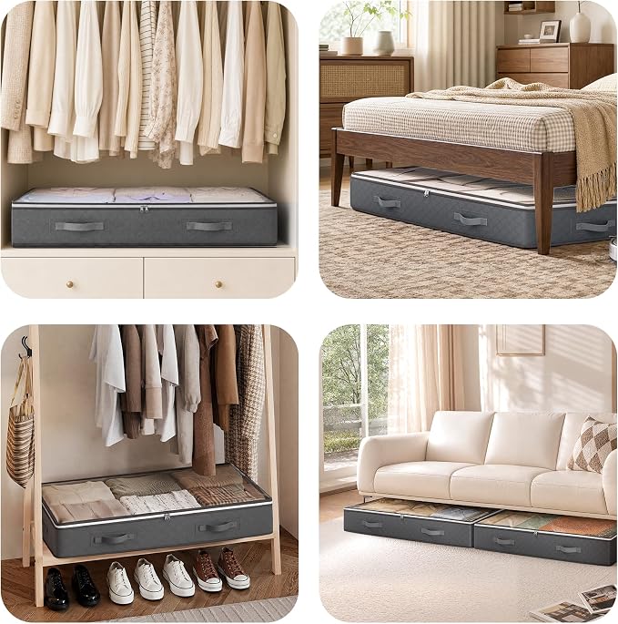 Budding Joy 95L Under Bed Storage Containers, 2 Pack Storage Bins, Grey | Underbed Storage Bags for Blankets, Towels, Comforter, Sweaters, Linen Sheets, Wrapping Paper