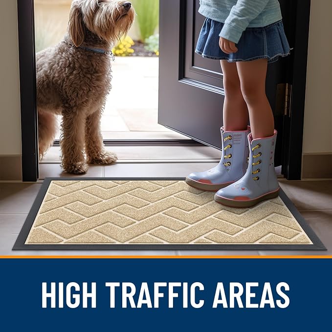 OLANLY Front Door Mat Outside 47x32, All-Season Absorbent Rubber Doormat | Beige, Heavy-Duty, Stain and Fade Resistant, Waterproof Non-Slip Backing, Low-Profile Indoor Outdoor Floor Mat for Entryway