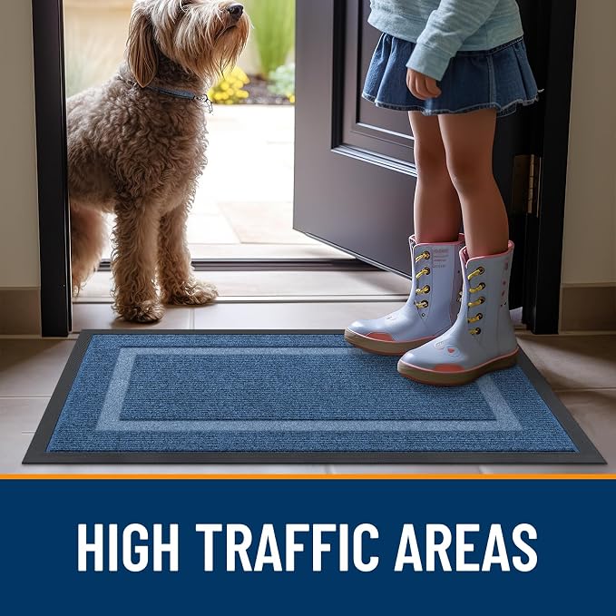 OLANLY Front Door Mat Outside 35x23, All-Season Heavy-Duty Rubber Doormat | Light Blue, Absorbent, Stain Fade Resistant, Waterproof Non-Slip Backing, Low-Profile Indoor Outdoor Floor Mat for Entryway
