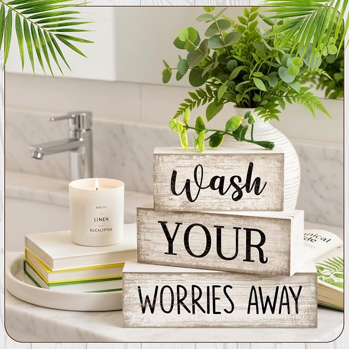 Moucuny 3 Pcs Laundry Room Decor Wood Block Signs Wash Your Worries Away
