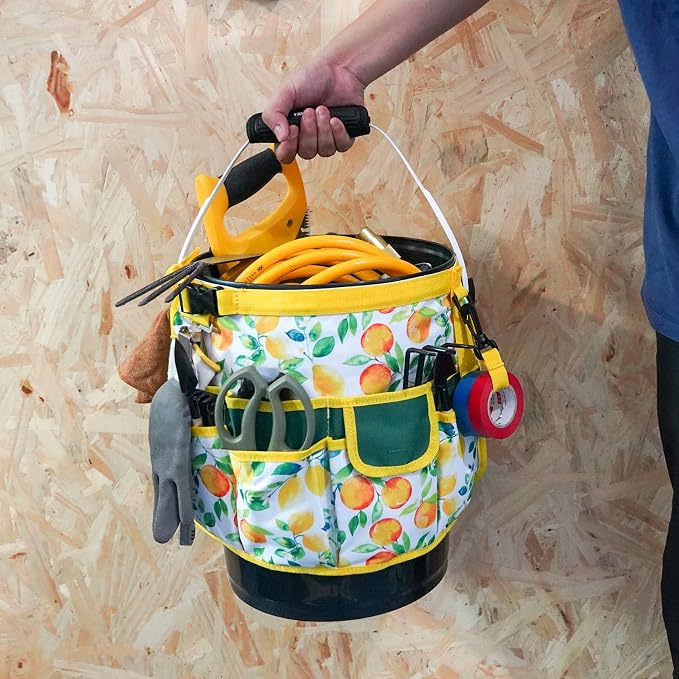 MELOTOUGH Bucket Caddy Organizer Bucket Tool Organizer for Garden Tools Fit 3.5 to 5 Gallon Bucket (Yellow Flower)