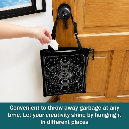 Mystical Witchy Astrology Car Trash Bag Hanging for Back Seat | Boho Sun and Moon Celestial Canvas Drawstring Car Garbage Bag with Adjustable Buckle Vehicle Trash Can