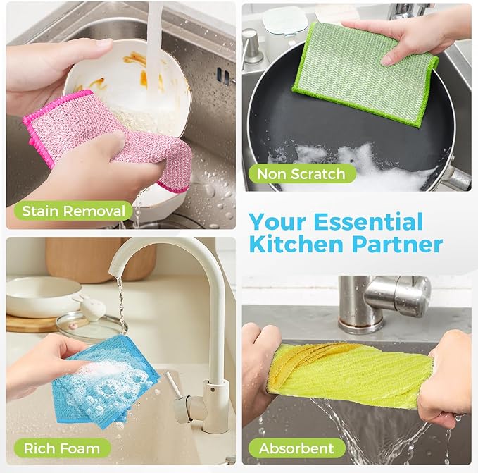 AIDEA Non Scratch Wire Dishcloth 24PK, Dish Cloths for Washing Dishes 7"×8" | Upgraded Wire Dishwashing Rag, Dual Sided,Stainless Steel Wipes, Cleaning Pads Steel Scrubber for Cookware, Sinks, Stove Tops
