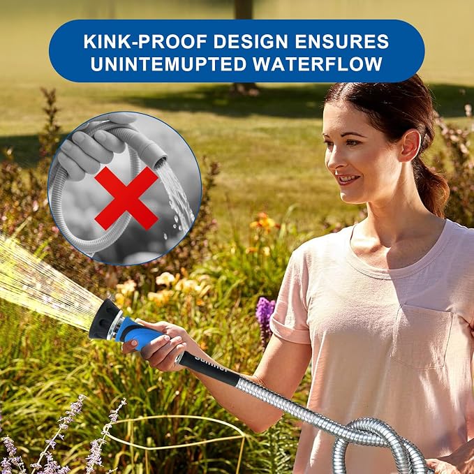 Metal Garden Hose 15 Ft 30 Ft With Hose Nozzle, Flexible Stainless Steel Water Hose 25 Ft 50 Ft Heavy Duty No Kink Hose 75 Ft 100 Ft (15FT)