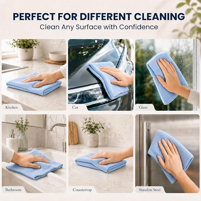 Veco Microfiber Cleaning Cloth Roll with Holder 80 PCS, 12" x 12" Blue | Tear Away Reusable Towels, Lint-Free & Streak-Free Cleaning Cloths, Paper Towel Alternative for Kitchen, Home & Car
