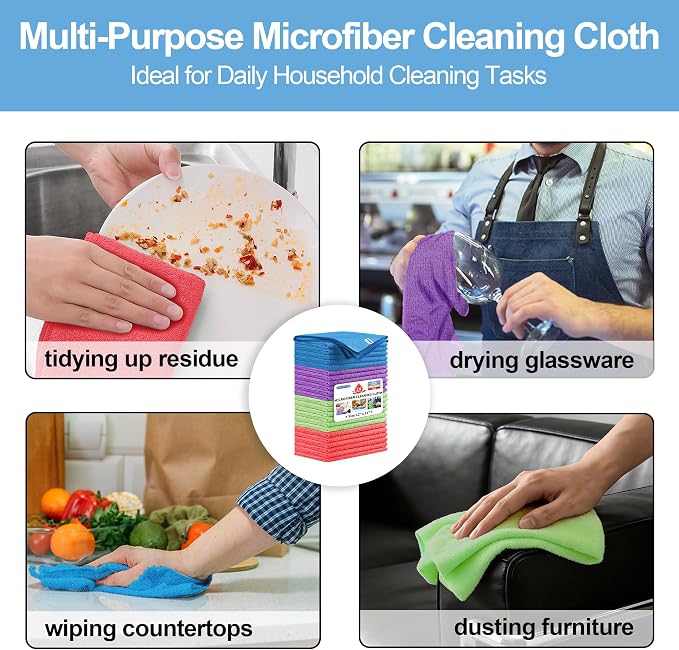 Microfiber Cleaning Cloth, 24 Pack Cleaning Rags,12" X 11" Lint Free Dish Towels Wash Cloths, Reusable Microfiber Towels for Home and Kitchen Bathroom Apartment Cleaning Supplies, Assorted