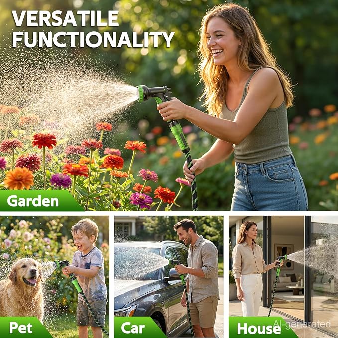 NON-EXPANDABLE Garden Hose 50 FT Water Hose with 10-Function Spray Nozzle | Yard hose Heavy Duty Steel Metal Flexible,Durable Fabric Skin,No Kinks & Leak-Proof with Upgraded Handle hose pipe outside