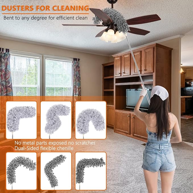 Dusters for Cleaning, 30-100 Inch Long Handle with 4 Duster Types | Washable & Reusable Heads, Detachable Duster Heads Clean High Ceilings, Ceiling Fan, Blinds, Cobwebs & Home Surfaces, Orange