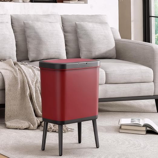 Slim Kitchen Trash Can with Legs, 4 Gallon Bathroom Wastebasket with Press Top Lid, Rectangle Red Garbage Can with Lid, Small Plastic Trash Can for Toilet, Bedroom, Living Room, Dorm