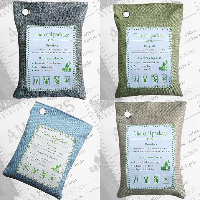 Bamboo Charcoal Bags Odor Absorber, 100g, 2 Packs, with Steel Hooks | Charcoal Deodorizer Bags with Hooks, Nature Bamboo Charcoals Air Purifying Bags, Activated Charcoals Odor Absorbers