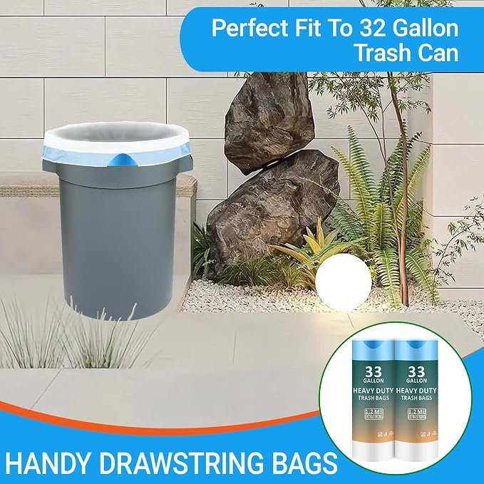 33 Gallon Drawstring Trash Bags 50 CT Compatible with Brute 32 Gallon Can | 1.2 Mil THICK Heavy Duty Custom Fit 30 32 33 Gallon Round Trash Can Tear & Leak Resistant White Black Kit
