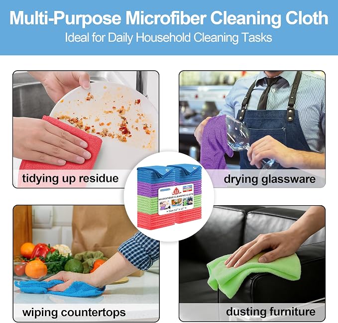 Microfiber Cleaning Cloth, 52 Pack Cleaning Rags,12" X 11" Lint Free Dish Towels Wash Cloths, Reusable Microfiber Towels for Home and Kitchen Bathroom Apartment Cleaning Supplies, Assorted