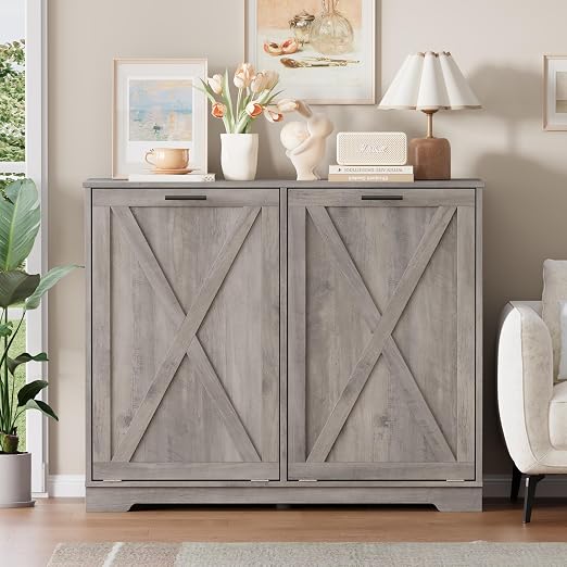 Double Tilt Out Trash Can Cabinet, Wooden Farmhouse Kitchen Garbage Bin Enclosure with Negative Ion Odor Control, Hidden Dog Proof Trash or Laundry Basket Storage for Laundry Room, Grey