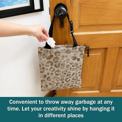Neutral Beige Leopard Print Car Trash Bag Hanging for Back Seat | Cheetah Animal Print Canvas Drawstring Car Garbage Bag with Adjustable Buckle Vehicle Trash Can