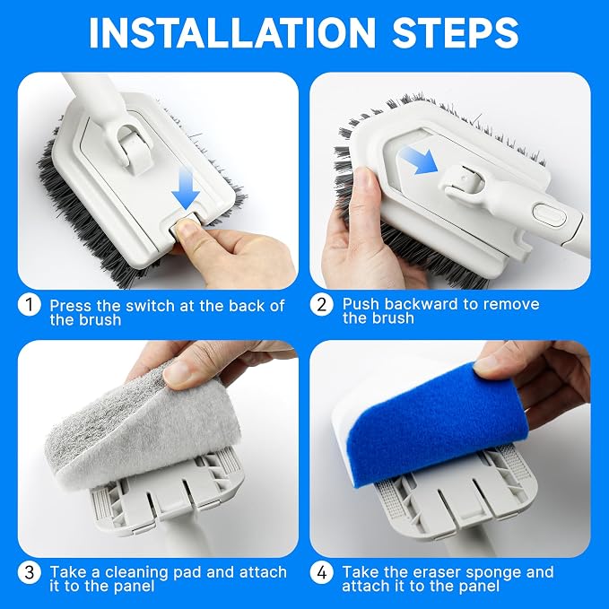 Tile Tub Scrubber Brush with Different Function Cleaning Heads | No Scratch Shower Scrubber for Bathroom Toilet Wall,Bathtub,Sink, and 10 Pack Magic Sponges Eraser