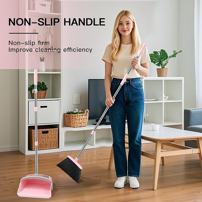 2-Pack Broom with Dustpan Combo Set, Hand Broom and Dustpan Set for Sweeping Indoor Angle Broom for Home Office Kitchen Lobby Floor Pet Hair Indoor&Outdoor Cleaning (Pink&Gray)(2-Pack)