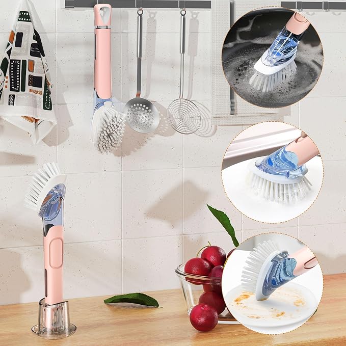 RIMAY Soap Dispensing Dish Brush Set with 2 Brush Refills and Holder | Dish Scrubber with Handle Kitchen Dishwashing Brush Dish Wand for Dishes, Pans, Pots And Sink, Pink