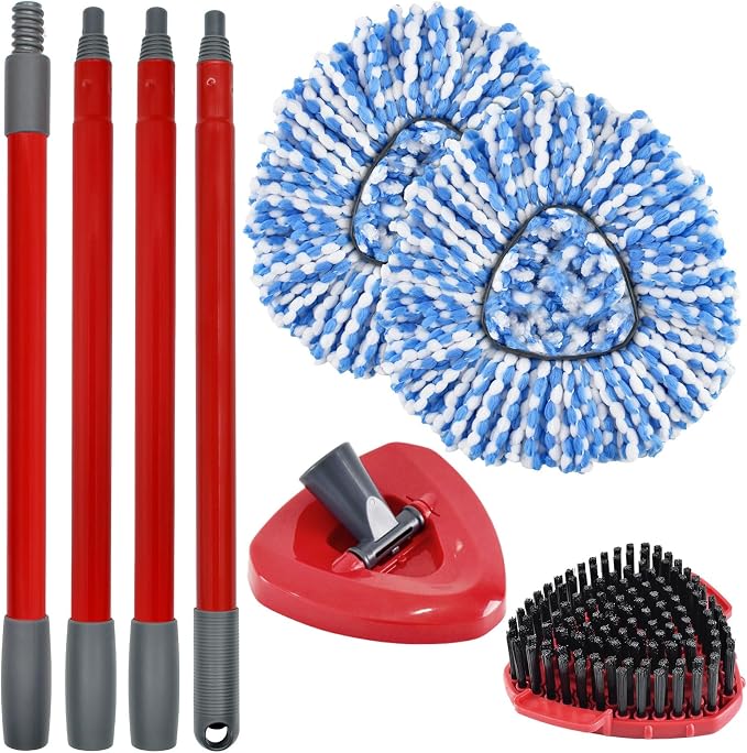 Mop Heads Replacement Scrub Brush and Base Spin Mop Handle Compatible with Ocedar RinseClean 2 Tank System Include 2 Mops Replace Head 1 Upgrade Brush 1 Base & 30-58" Adjustable Mop Stick (NO Bucket)