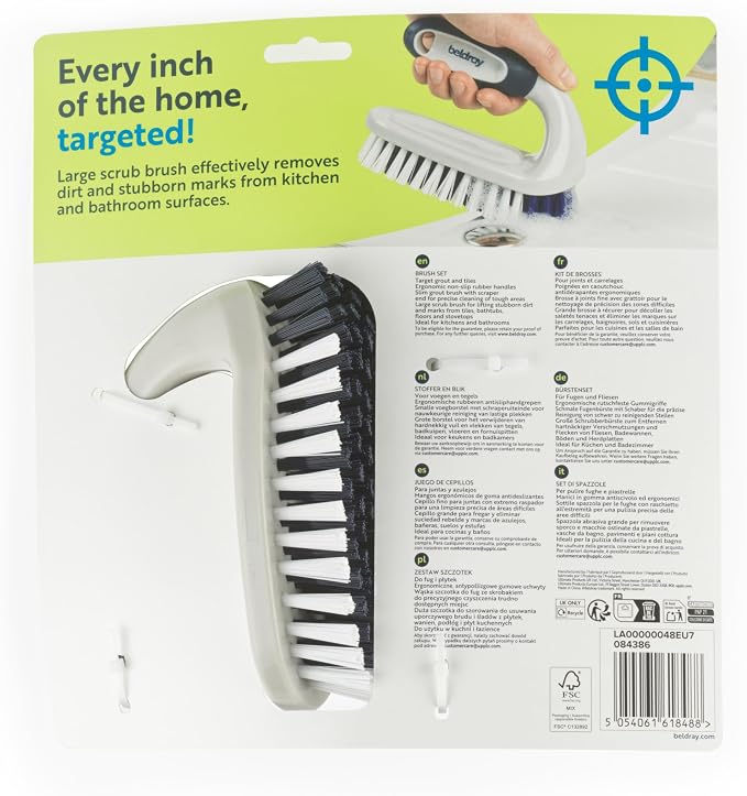 Beldray Deep Clean Grout And Scrub Brush Set, 2 Piece | Large Scrub Brush, Slim Grout Brush, Integrated Scraper, Stiff Bristles, Non-Slip Rubber Handles, Tile Use