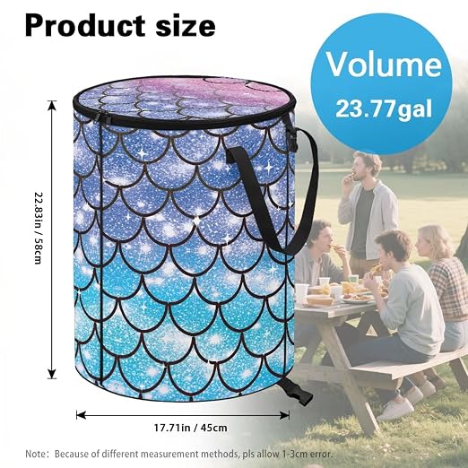 BIGCARJOB Blue Scale Foldable Trash Can Outside Waste Basket Bin Water Resistant Garbage Bag 22.83x17.71 Recycling Bin Trash Can with Lid and Clip(23 Gallons)