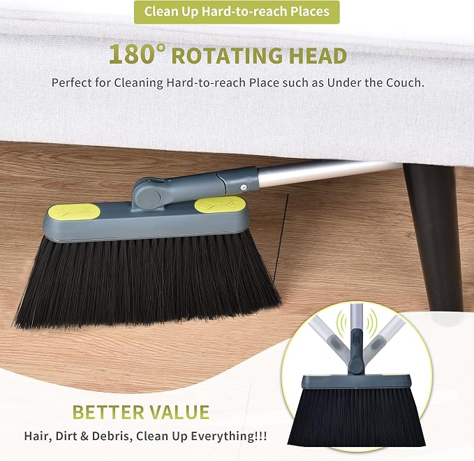 Broom and Dustpan Set for Home with 54" Long Handle, Upright and Lightweight Dust pan and Brush Combo for Kitchen Room Office Lobby Floor Cleaning, Dark Green