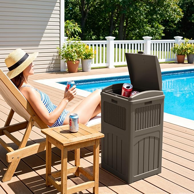 Greesum 33 Gallon Outdoor Trash Can with Lid, 3 Pack, Dark Brown | Waterproof, Resin Garbage Bin for Hideaway, Deck, Patio,
