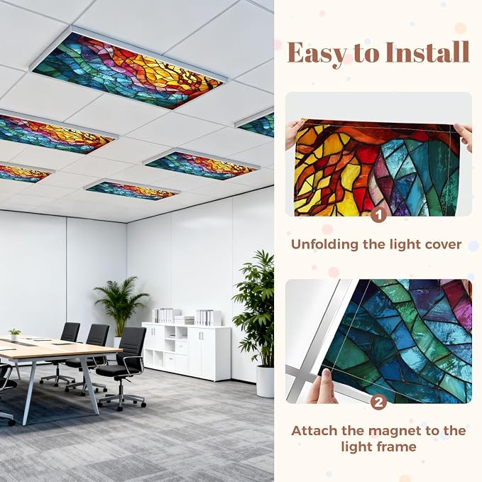6 Pack Fluorescent Light Covers for Ceiling Lights ocean waves Colorful stained glass window Abstract stained glass Art Decorative Magnetic Light Cover Light Filters for Classroom Office Home
