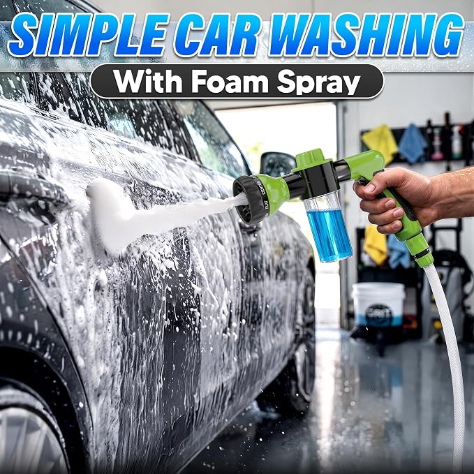 Hose Nozzle with Soap Dispenser and Trigger Flow - Car Wash Sprayer and Soap Sprayer Hose Attachment, Foam Control Dial, 8 Spray Patterns, 3.5 oz Refillable Tank - Fits 3/4 Inch Hose, Ergonomic Grip
