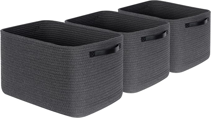 MINTWOOD Design 3-Pack Decorative Woven Storage Baskets for Shelves, Cube Bin Box for Organizing Books, Shoes, Dog Toys, Pantry Closet and Living Room Organizer, Charcoal / Black