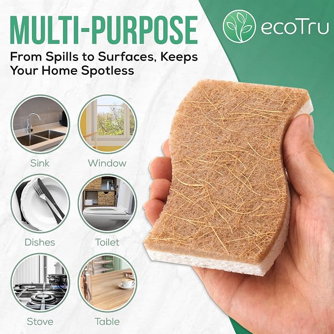 6 Pack Washing Up Sponges, Eco Kitchen Dish Cleaning Sponges, Biodegradable & Compostable Natural Cellulose Sponge with Coconut Fibre Scrubber, Non Scratch Heavy Duty Scouring Pad
