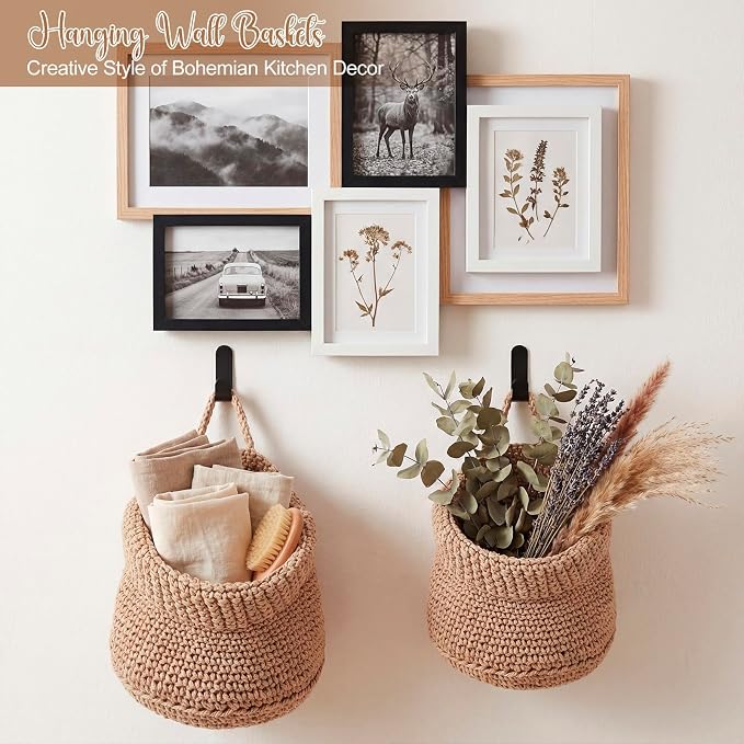 Honeydak 3 Hanging Baskets,Light Linen,Barrel,Cotton Rope | Wicker Wall Baskets with Hooks for Fruit Vegetable Onion Storage, Teardrop Organizer for Kitchen, Boho Farmhouse Decor