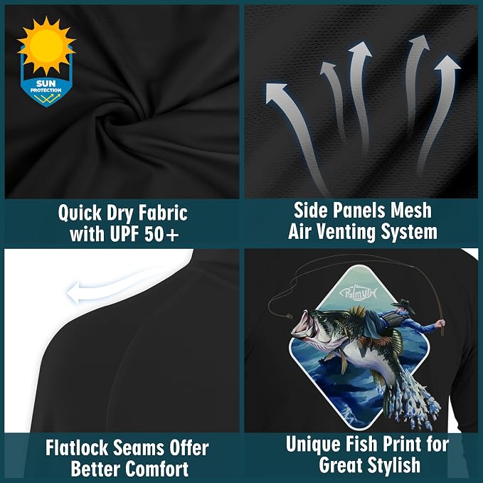 Palmyth Men's Fishing Hoodie UPF 50+ Long Sleeve with Face Mask Neck Gaiter | Zipper Pocket, Thumb Loops, Quick-Dry, Side Mesh Panels, Lens Cleaning Cloth